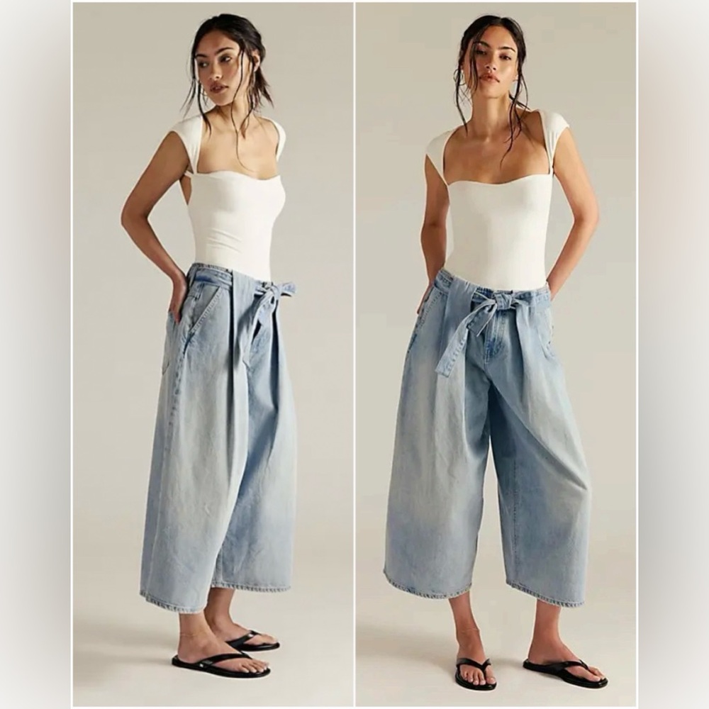 We The Free Light Wash Wide-Leg Tie Waist Jeans